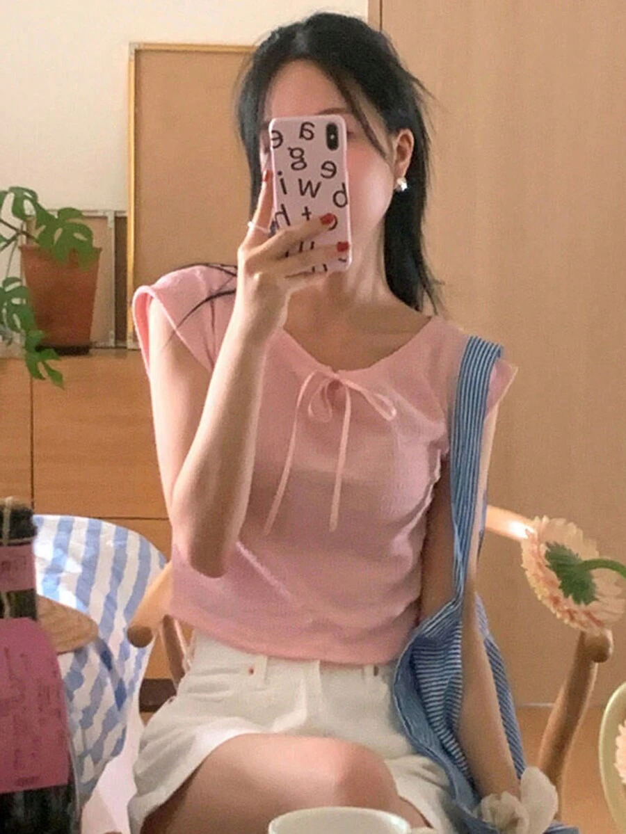 DAZY 女款純色領領帶細節 T 卹 - 粉色 - 查看 1