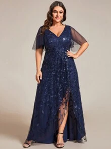 Đầm maxi cỡ lớn cổ chữ V sâu, đính sequin, xẻ tà, phối màu tương phản, phù hợp cho phù dâu, tiệc tối, khách dự đám cưới, kỳ nghỉ và các dịp khác. - Màu xanh hải quân - Xem 6