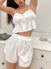 DAZY Conjunto De Pijama Con Pantalones Cortos Y Camisola Con Empalme De Encaje De Jacquard De Lunares De Satén