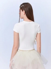 SHEINNeu Summer Kawaii Balletcore Braid Bow Ribbon Short Sleeve Round Neck T-Shirt K-Pop Club Holiday - White - View 2