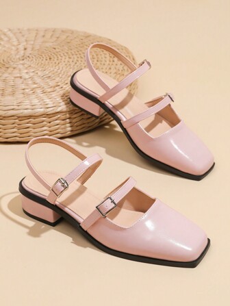 瑪莉珍妮女士泵鞋,方頭厚跟時尚女式高跟鞋沙灘鞋