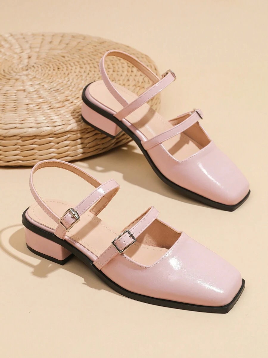 Mary Jane Women's Pumps, Square Toe Chunky Heel Fashionable Ladies High Heels Sandals - Baby Pink - View 1