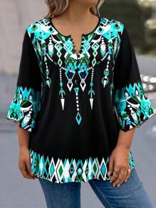 EMERY ROSE 加上反光几何印花纽扣前 T 恤图案 T 恤女式上衣 - 黑色 - 查看 1