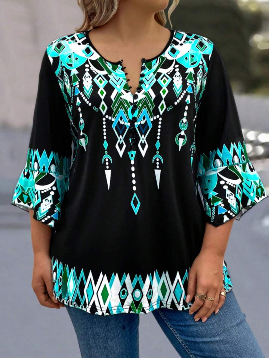 EMERY ROSE 加上反光几何印花纽扣前 T 恤图案 T 恤女式上衣 - 黑色 - 查看 1