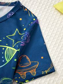 Young Boy Cool Fluorescent Planet System Pattern Printed Round Neck Top And Snug Fit Long Pants PJ Set - Royal Blue - View 2
