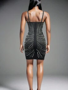 Women's Bubble Bead Spaghetti Strap Bodycon Dress With Built-In Cup - Black - View 2