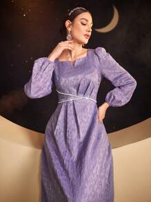 Modelyn Damen Jacquard Nagel Perlen verziertes Laternenkleider-Kleid, elegantes Abendkleid, lange Abendkleider - Violett - Übersicht 5