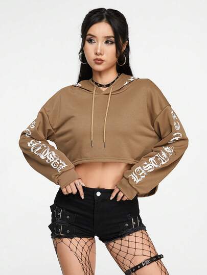 Grunge Punk Casual Letter Print Cropped Loose Sweatshirt For Women, Khaki, Autumn/Winter