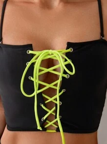 SHEIN Swim Summer Beach Color Block Neon Lace Up Cami Tankini Set Bathing Suit - Black - View 4