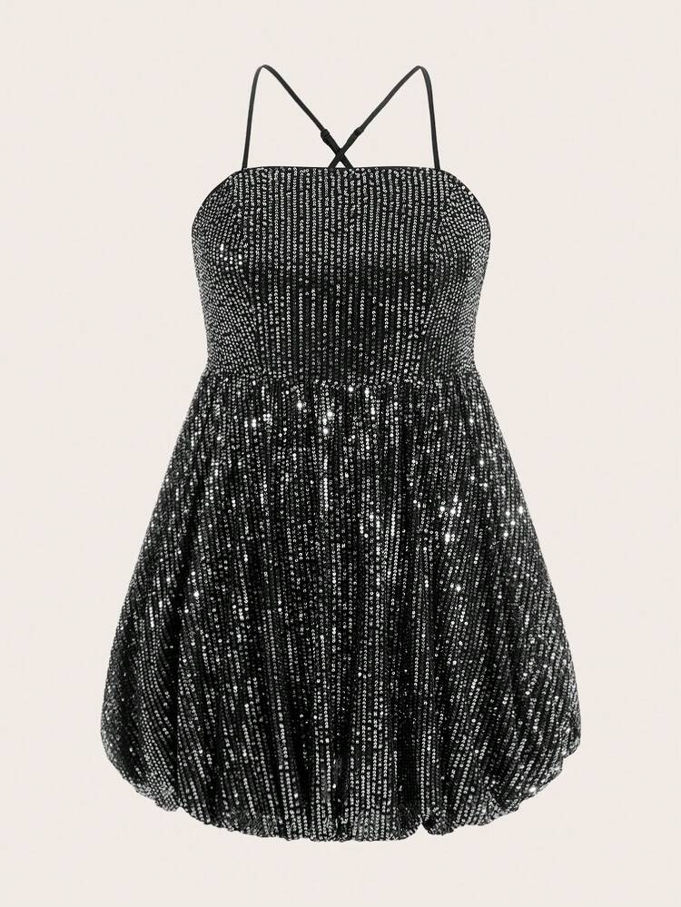 Plus Size Sequins Decor Spaghetti Strap Casual Dress