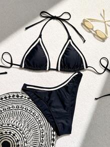 SHEIN Swim 女士露背分体比基尼套装夏季海滩 - 黑色 - 查看 5