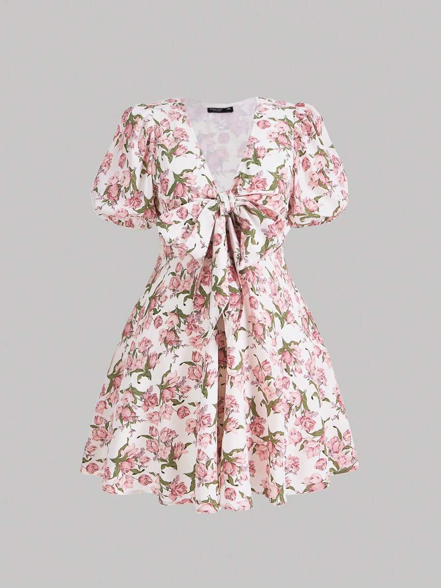 SHEIN MOD Plus Size Women'S Floral Print Dress With Bow Tie - Multicolor - View 1