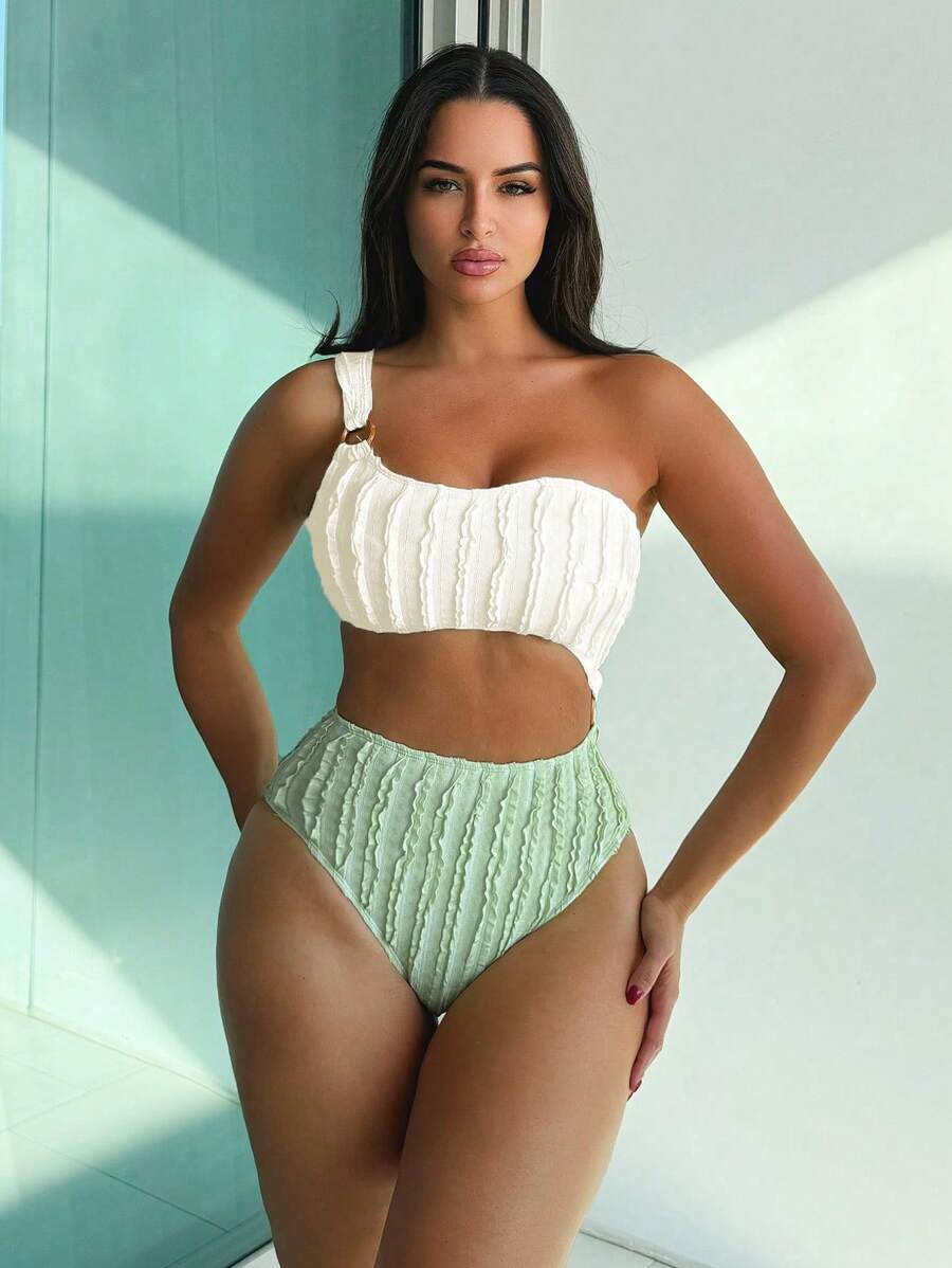 SHEIN Swim 女士對比色中空一件式泳衣音樂節 - 彩色 - 查看 1