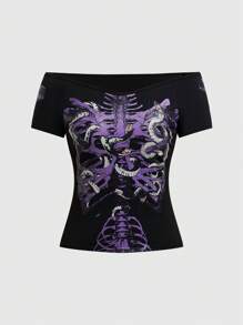 ROMWE Gothic Dark Skeleton & Snake Print Slim Fit Off Shoulder Women's T-Shirt With Mysterious Style - Black - View 1