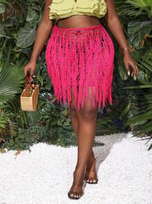 Slaydiva Plus Size Women's Fringed Hollow Out Knit Skirt