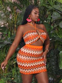 Slaydiva Women's Plus Size 2pcs/Set Vacation Casual Striped Halter Neck Crop Top And Skirt With Wave Pattern
