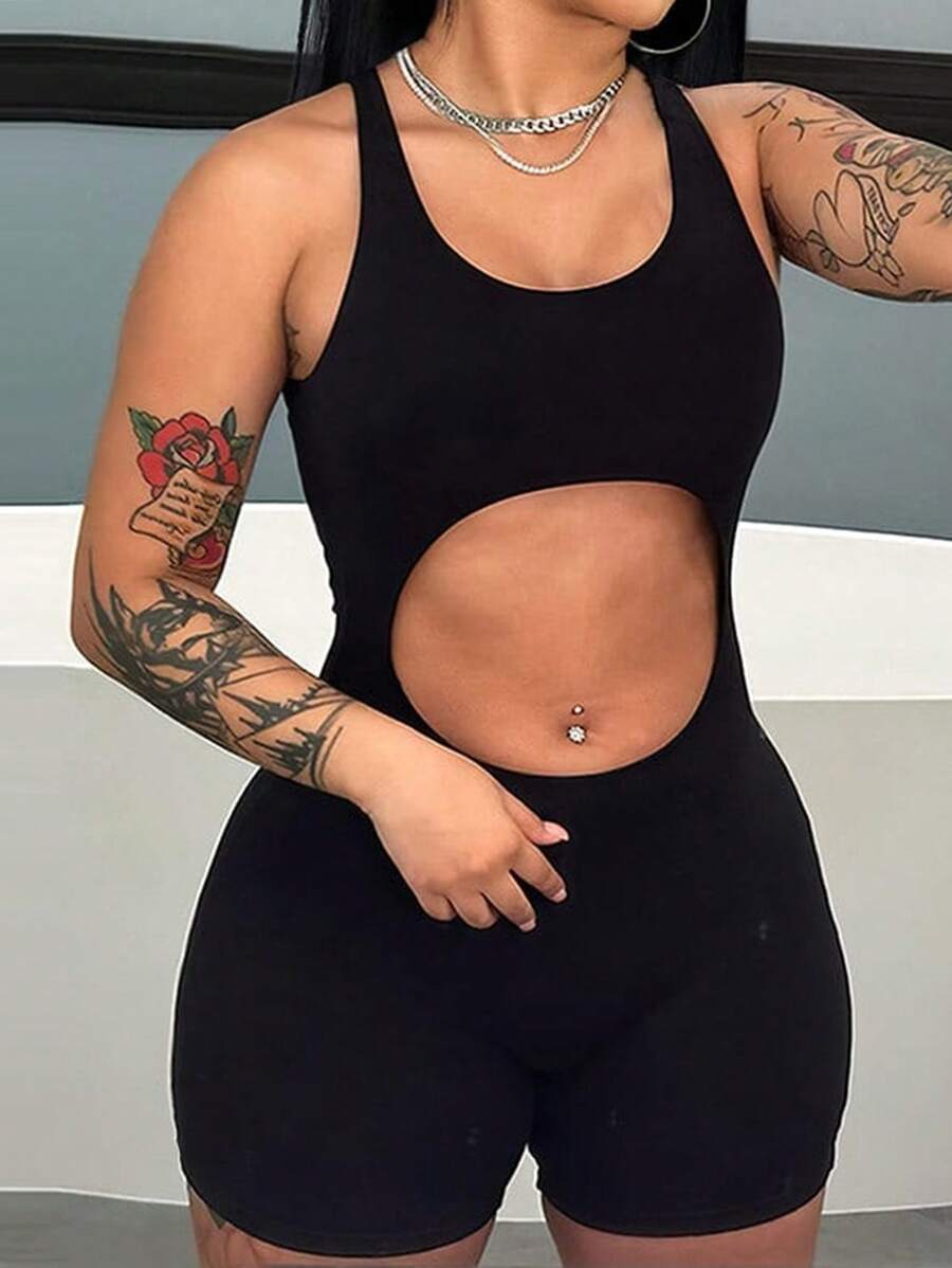 Slaydiva Ladies' Sleeveless Hollow Out Front Unitard Romper - Black - View 1