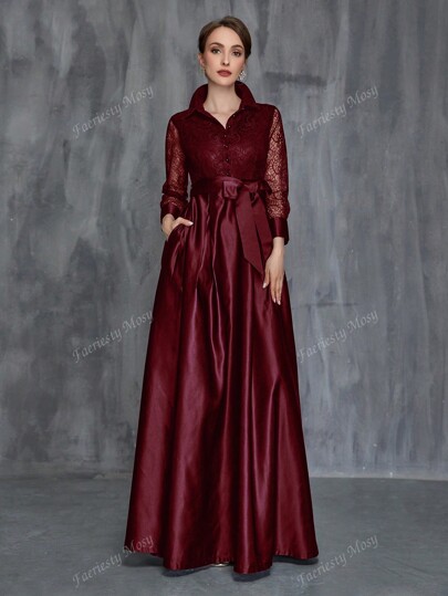 Women's Shirt Collar Lace Sleeve Satin Belted Dress