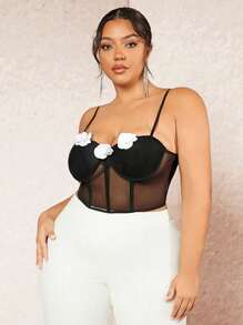 SHEIN BAE Plus Size Color Block 3d Flower Rosette Contrast Mesh Corset Camisole - Black and White - View 3