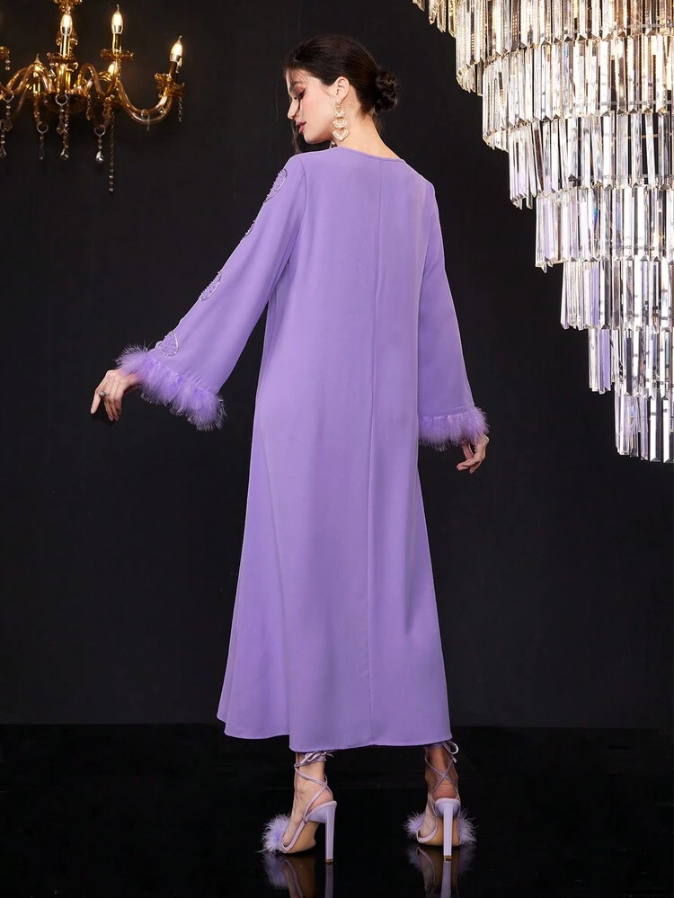Loose Fit Round Neck Dress With Plush Cuffs And Beaded Detailing, Elegant Evening Party Dress