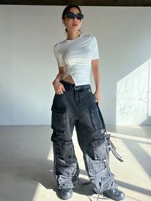 DAZY 女士純色褶皺短袖t恤,側開衩設計 - 白色 - 查看 3