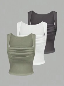 Sweetra 夏季純色方領褶皺坦克上衣 - 軍綠色 - 查看 1