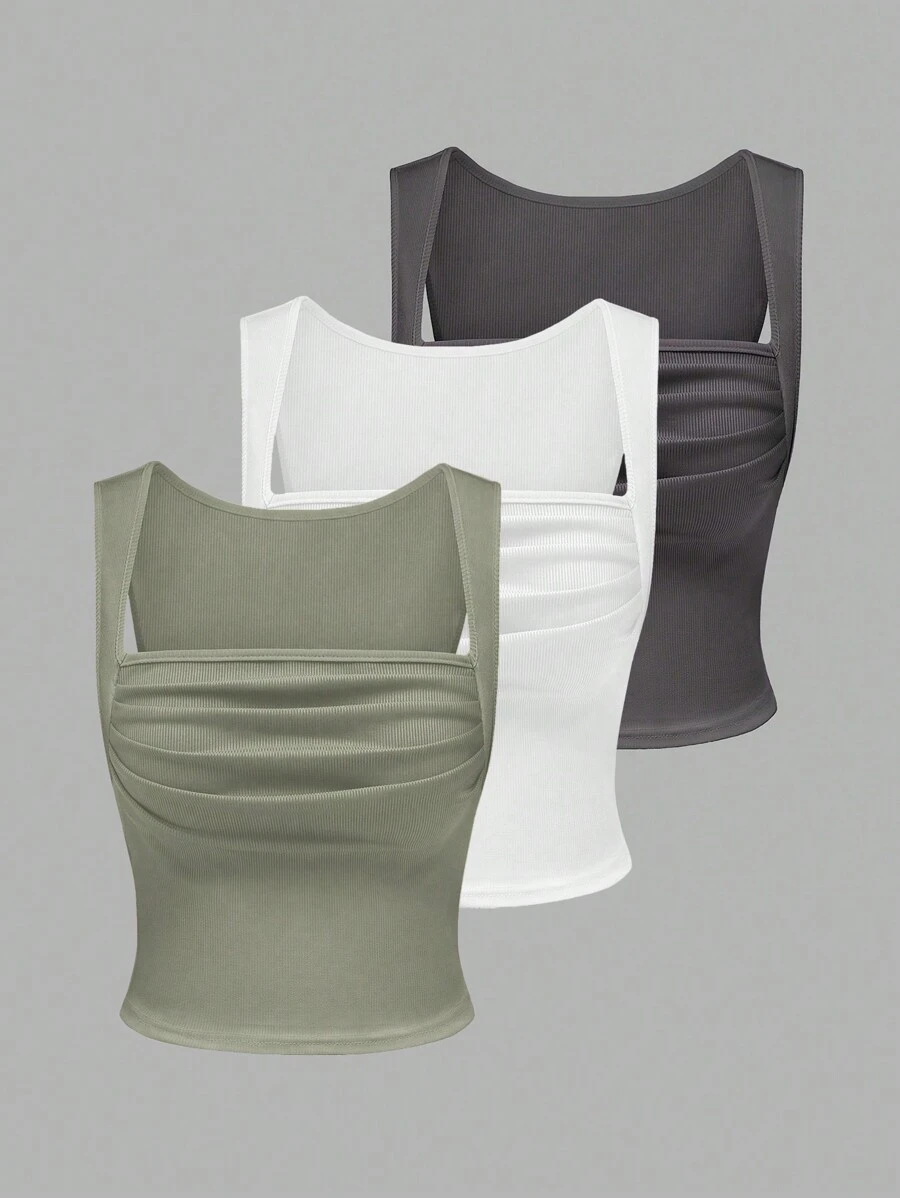 Sweetra 夏季純色方領褶皺坦克上衣 - 軍綠色 - 查看 1