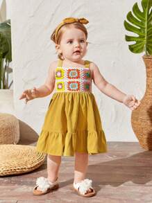SHEIN Baby Girl's Casual Vacation Colorful Crochet Patchwork Ruffle Hem Spaghetti Strap Dress - Yellow - View 1