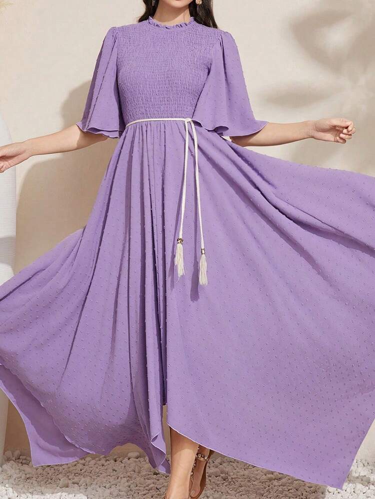 Shirred Paneled Bell Sleeve Dress Without Belt