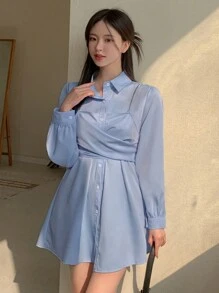 DAZY 女式长袖衬衫式短裙，秋季连衣裙 - 藍色 - 查看 7