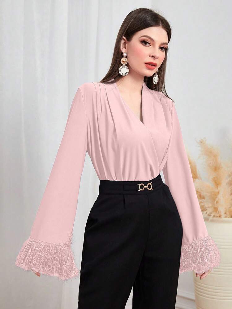 Modelyn 襯衫v領格紋拼接毛絨袖口上衣 - 粉色 - 查看 4