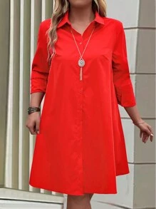 EMERY ROSE Plus Đầm sơ mi cài nút phía trước cho trang phục năm mới - Đỏ - Xem 3