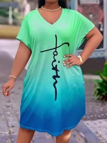 Maweii Hơn Bóng Đồ họa Chữ cái Cổ chữ V Váy áo thun - Nhiều màu - Xem 4