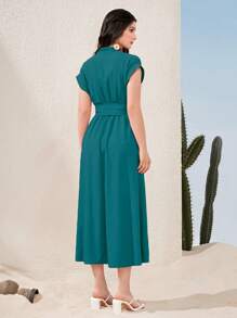 Mulvari Solid Color V-Neck Waist Drawstring Batwing Sleeve Dress