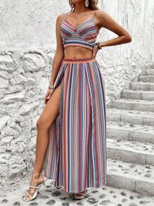 Breezaya Vintage Printed Cami Top And High Side Slit Skirt - Multicolor - View 1
