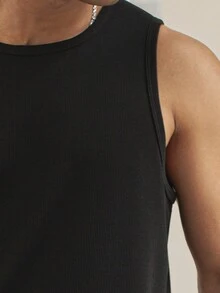 Manfinity Homme Men's Solid Color Round Neck Tank Top And Drawstring Waist Shorts Set - Black - View 7