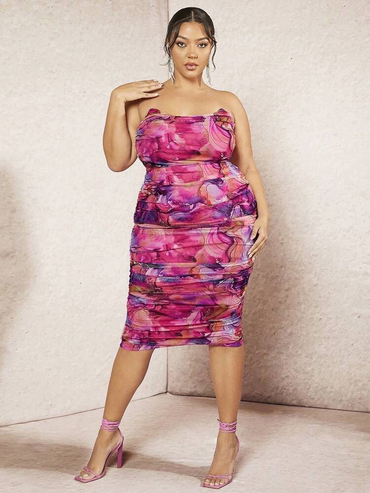 Plus Size Floral Print Pleated Bodycon Midi Bandeau Dress