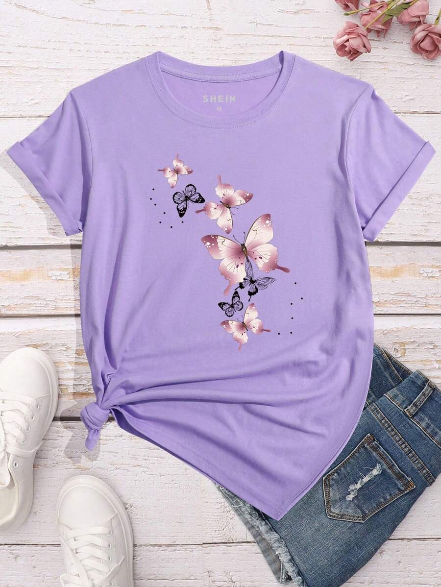 INAWLY Butterfly Print Round Neck T-Shirt Graphic Tees Women Tops - Purple - View 1