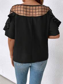 SHEIN Clasi 大码网眼撞色荷叶边衬衫 - 黑色 - 查看 2