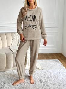 RueChic Letter Embroidery Drop Shoulder Flannel PJ Set - Apricot - View 5