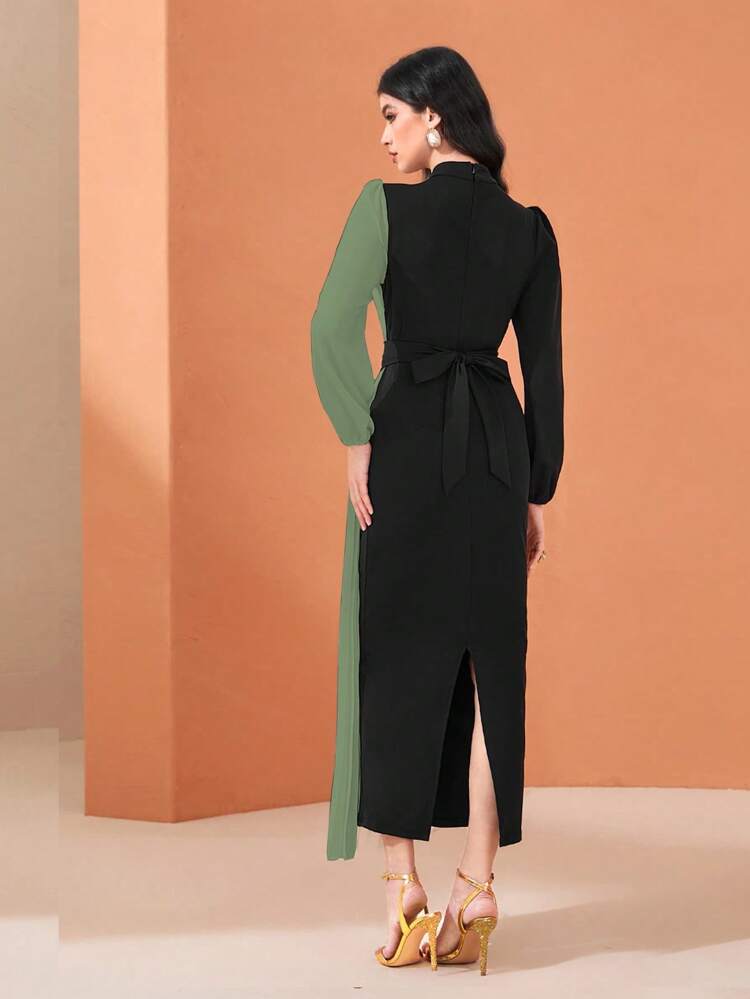 Color Block Hollow Out Flower Embroidery Slit Dress