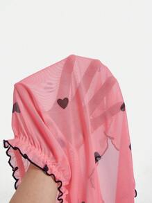 加心印花褶饰网眼吊带背心和短裤睡衣套装/睡衣套装 - 西瓜粉 - 查看 6