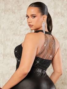 SHEIN BAE Plus Size Women's Glamorous Sheer Fishnet Halter Top With Diamond Decoration For Club & Festival