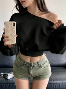 DAZY 女士纯色不对称领口长袖短款运动衫、长袖上衣、返校服装、秋季女装