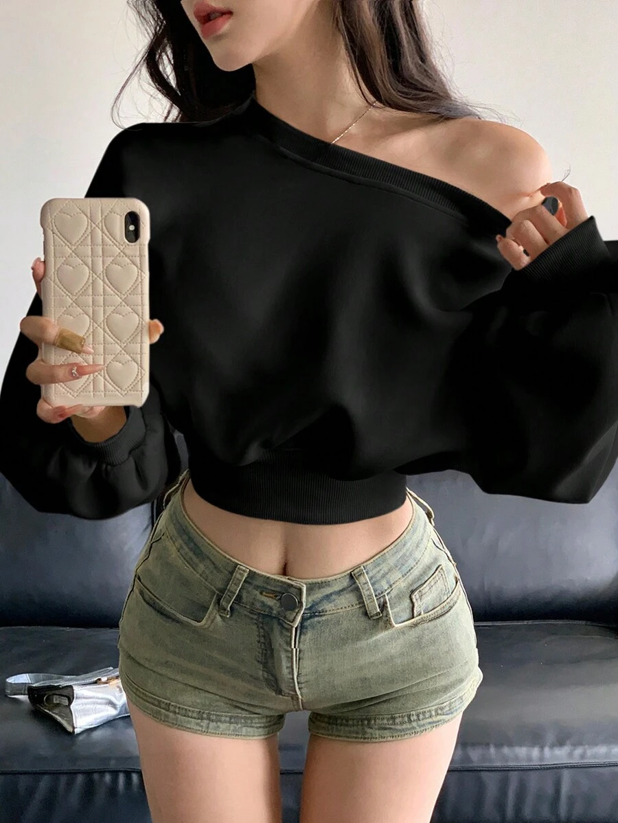 DAZY 女士纯色不对称领口长袖短款运动衫、长袖上衣、返校服装、秋季女装