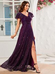 Đầm dài xẻ tà trang trí sequin tay bèo nhún - Màu tím - Xem 5