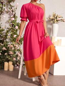 Breezaya Của phụ nữ Đúng mốt Thanh lịch Khối màu Cổ không đối xứng Váy có thắt lưng - Màu Hồng Tươi - Xem 6