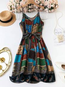 SHEIN LUNE Kích thước lớn Vá lại In Váy Dây - Nhiều màu - Xem 1