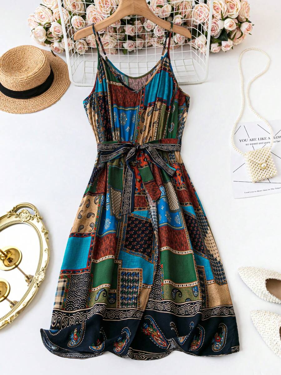 SHEIN LUNE Kích thước lớn Vá lại In Váy Dây - Nhiều màu - Xem 1