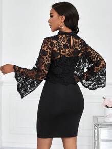 SHEIN Clasi Màu thuần Ren Nối Tay áo chuông Đầm - màu đen - Xem 2